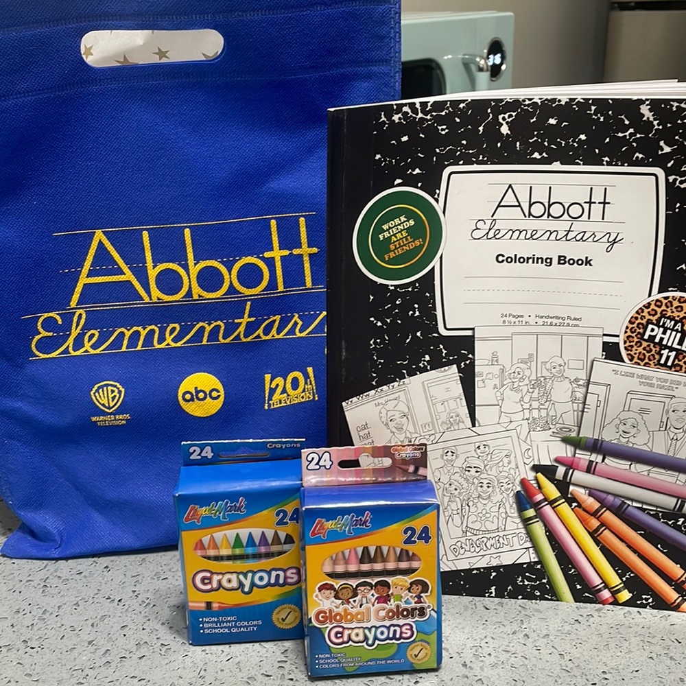 Abbott Elementary 20-page coloring book, 48 crayons and carrying pouch